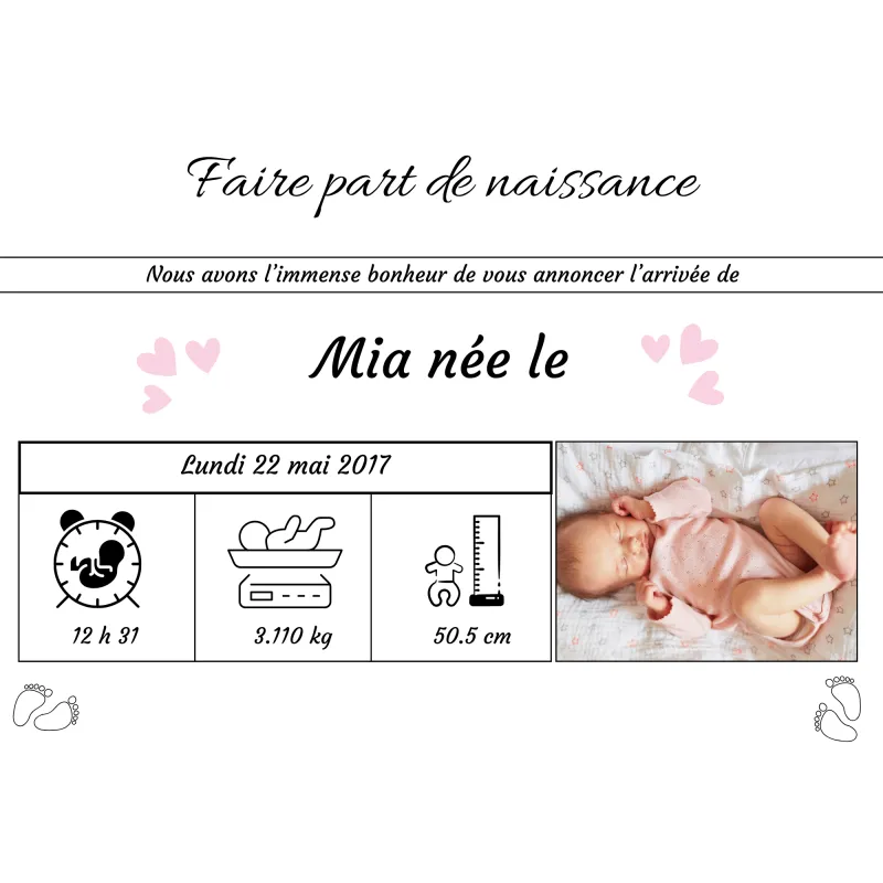 Faire-part de naissance personnalisé avec photo et détails de naissance