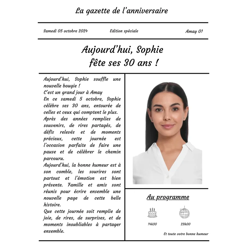 Gazette personnalisée pour anniversaire avec portrait et programme