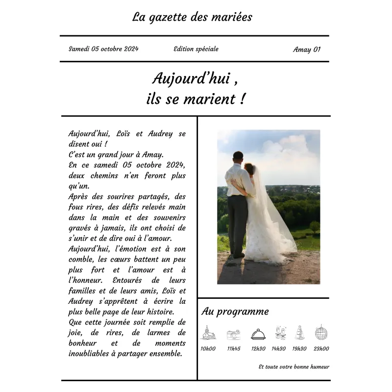Gazette personnalisée pour mariage avec photo et programme