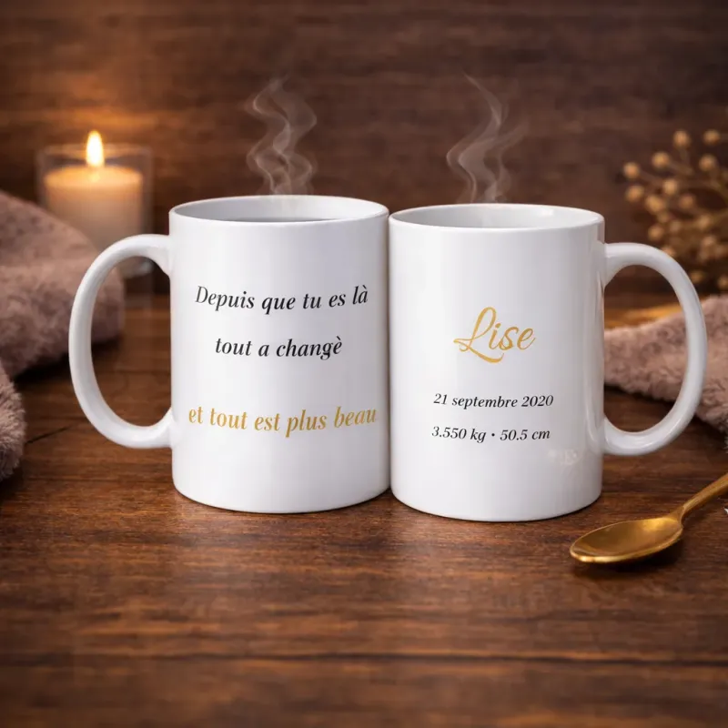 Mugs personnalisés naissance avec prénom et message tendre